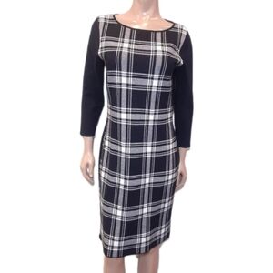 Chaps Plaid Sweater Dress Black 3/4 Sleeve Sheath Winter Stretch Womens Large
